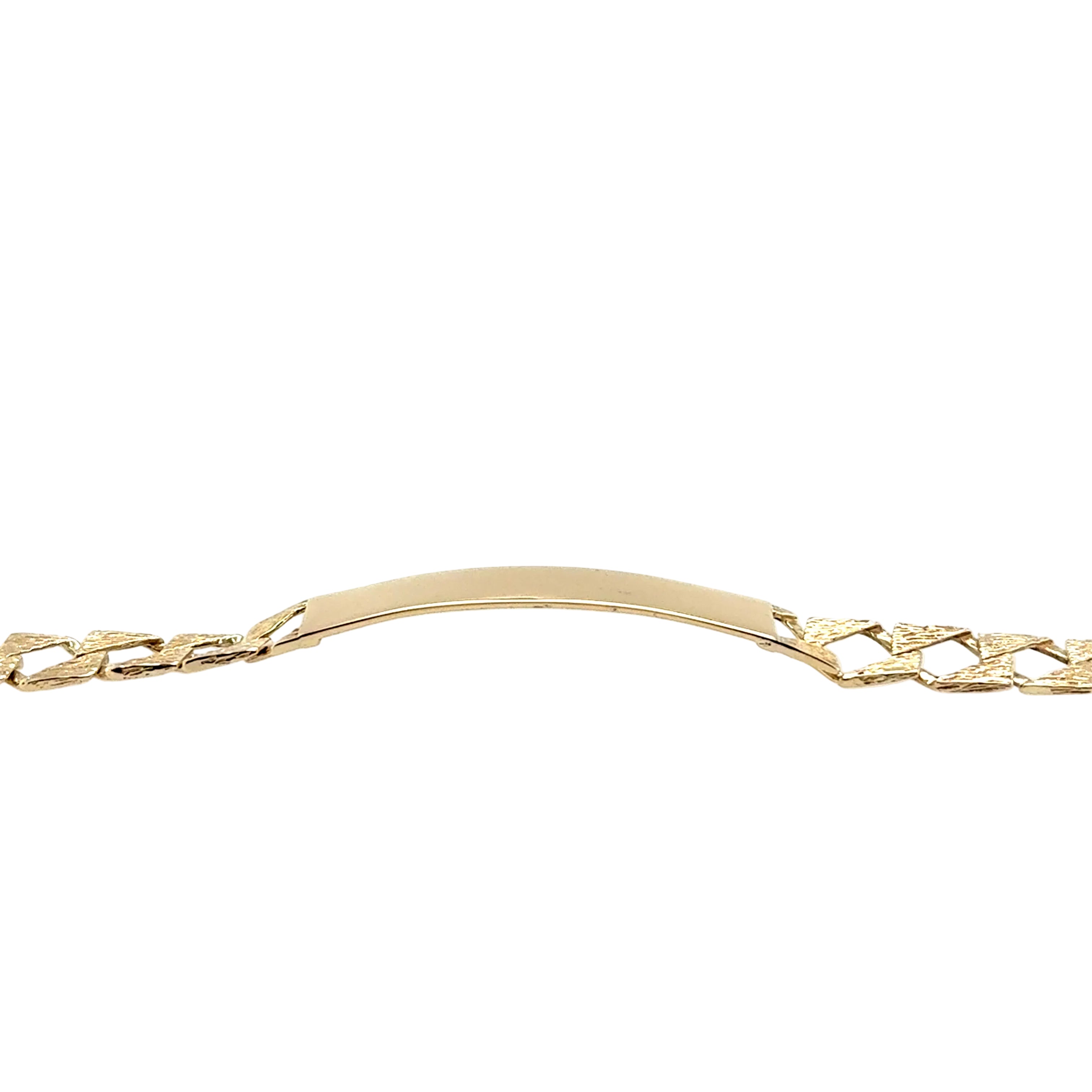 9ct Yellow Gold 8 Inch Square Link Bark Effect Identity Bracelet - 12.85g