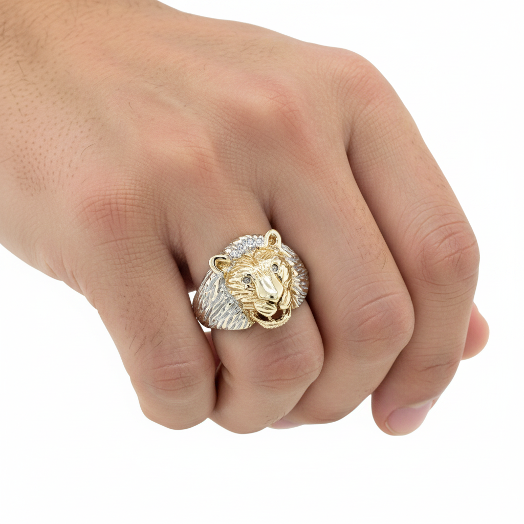 9ct Yellow Gold Lion Head Ring Diamond Set Size R