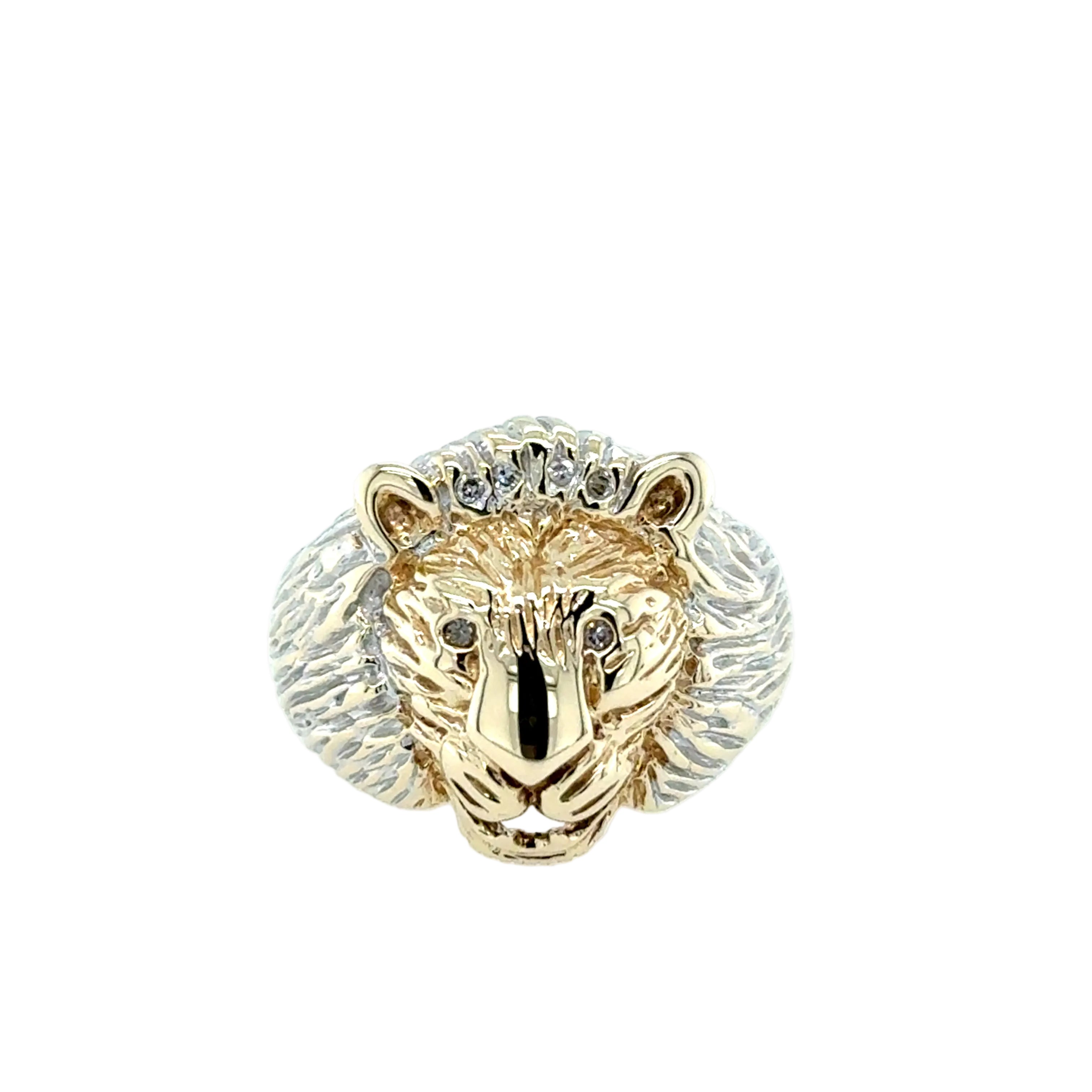 9ct Yellow Gold Lion Head Ring Diamond Set Size R