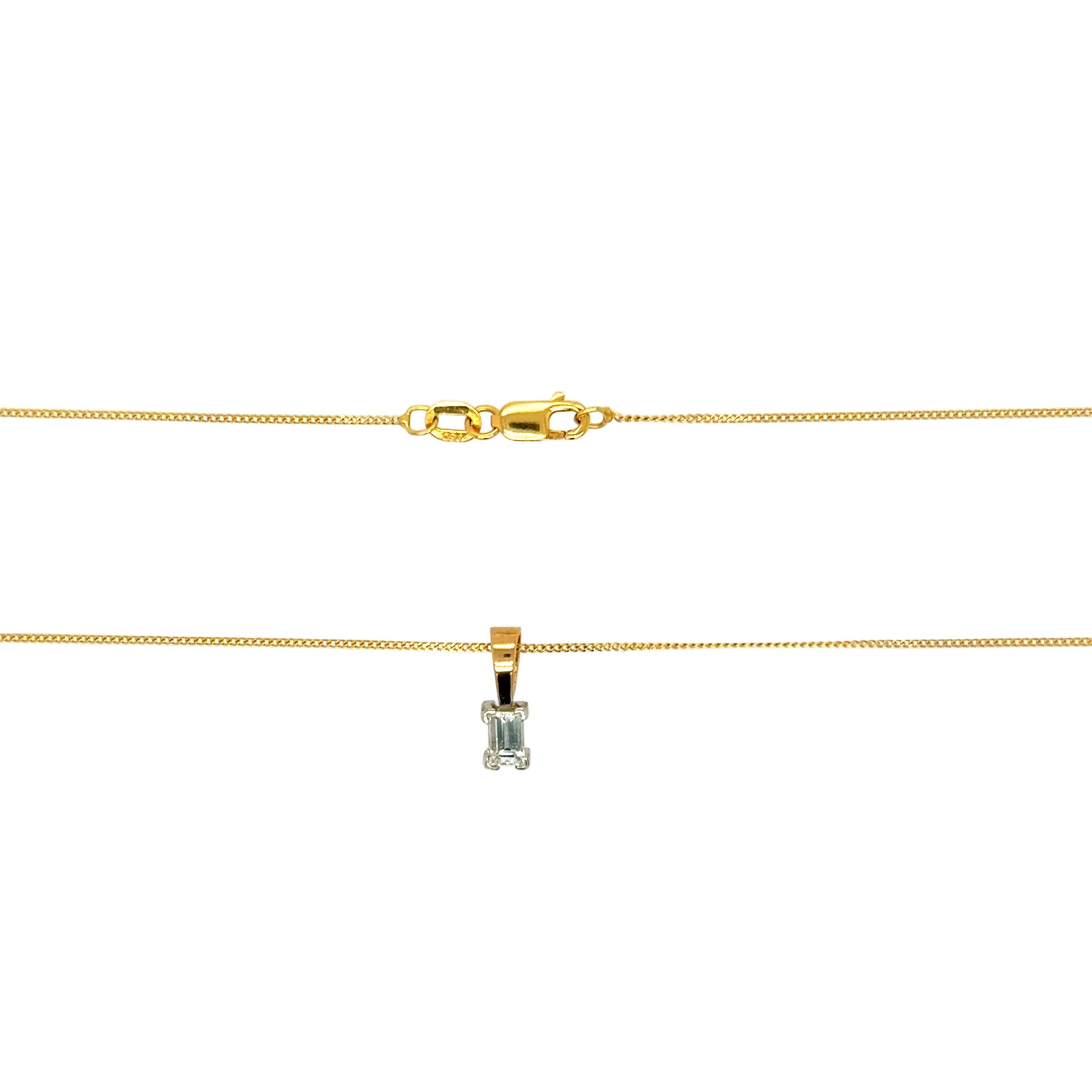 Gold necklace with a diamond pendant on a white background