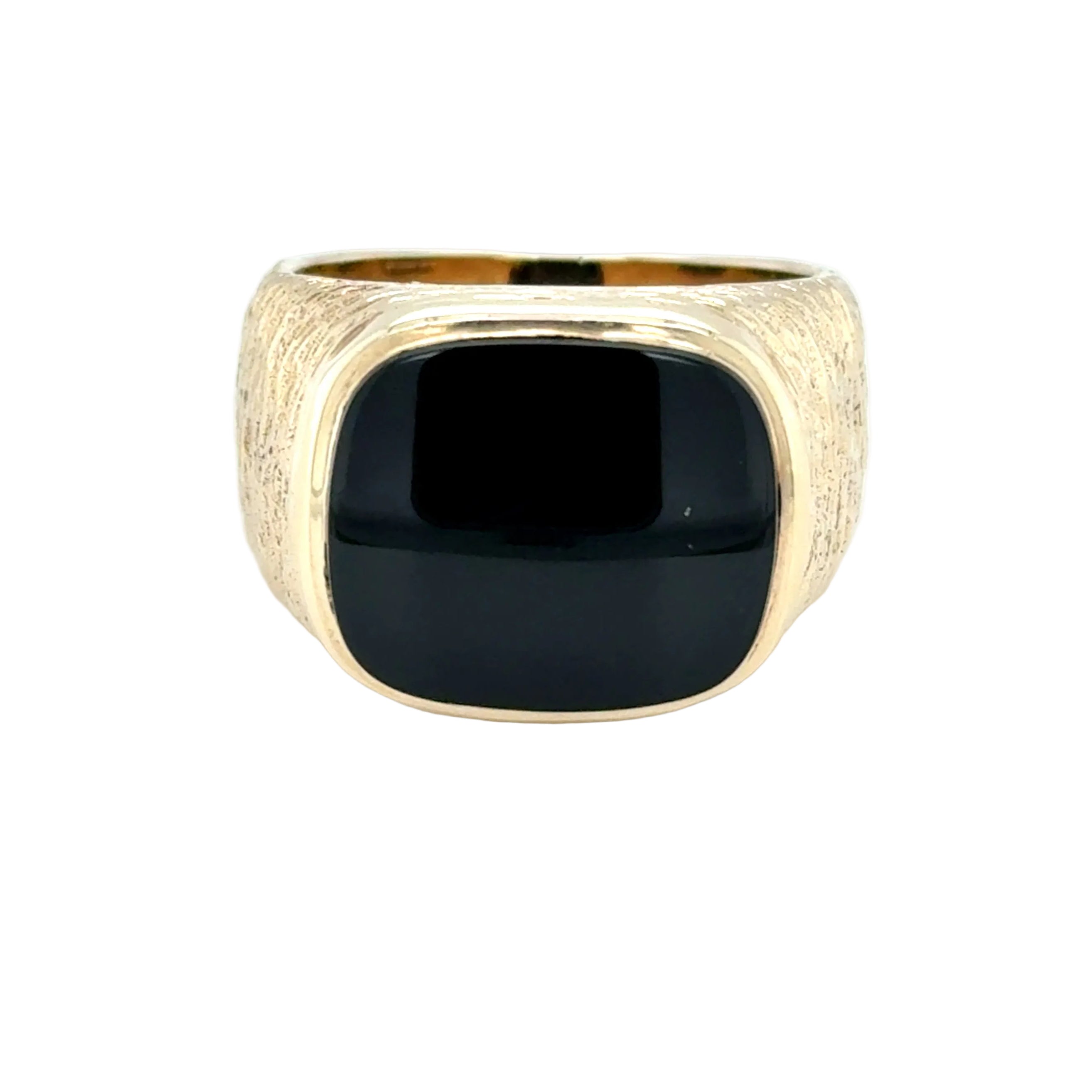 9ct Yellow Gold Chunky Bark Effect Black Onyx Signet Ring Size S - 19.10g