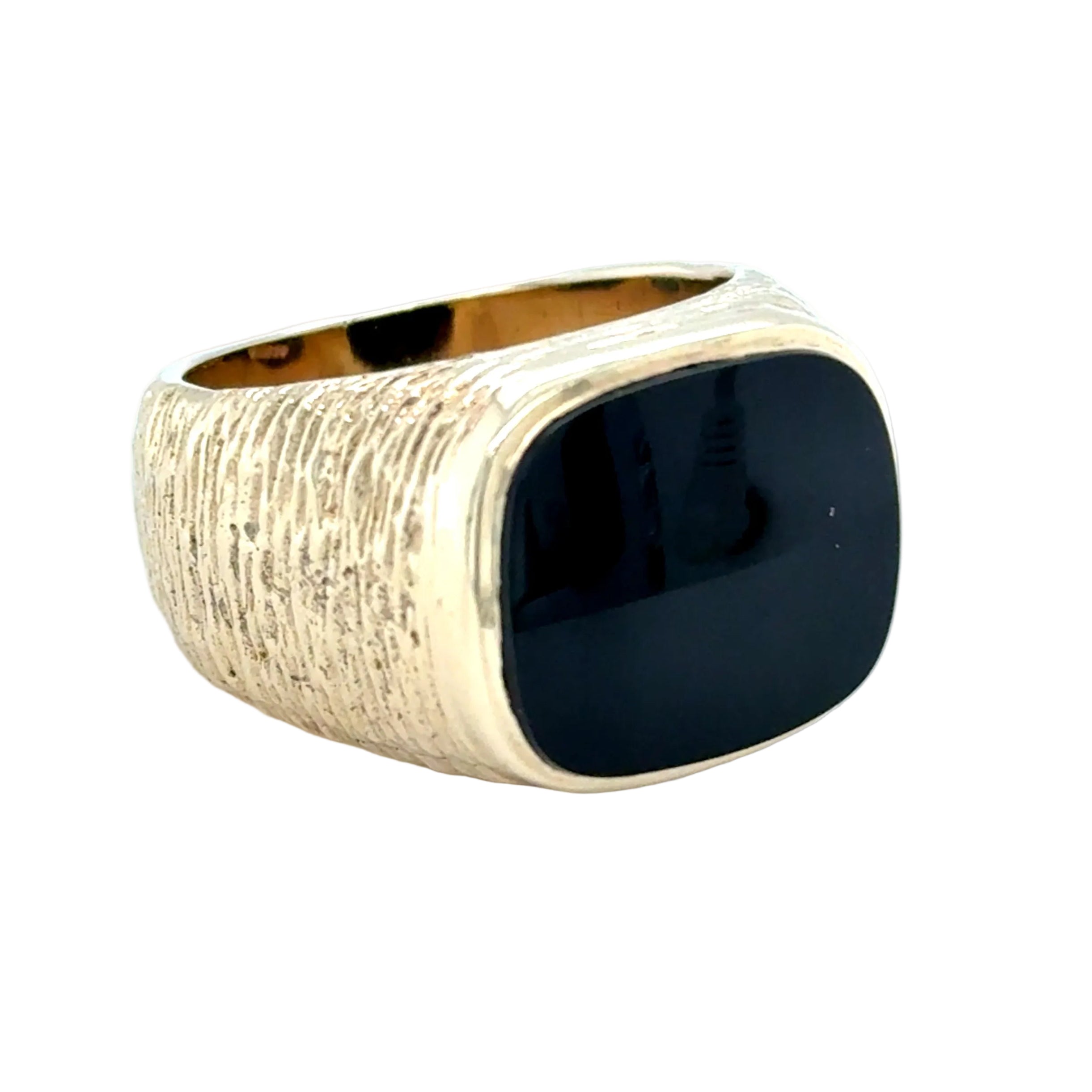 9ct Yellow Gold Chunky Bark Effect Black Onyx Signet Ring Size S - 19.10g