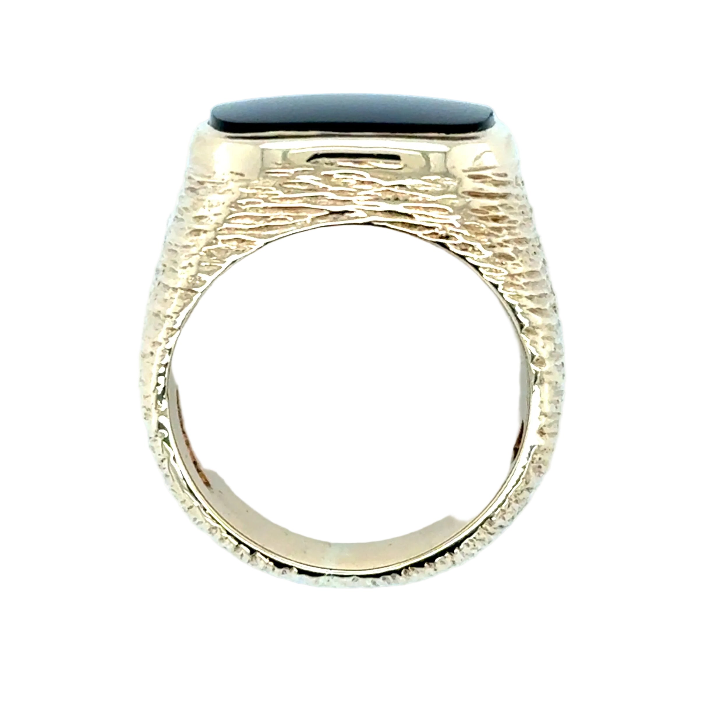 9ct Yellow Gold Chunky Bark Effect Black Onyx Signet Ring Size S - 19.10g