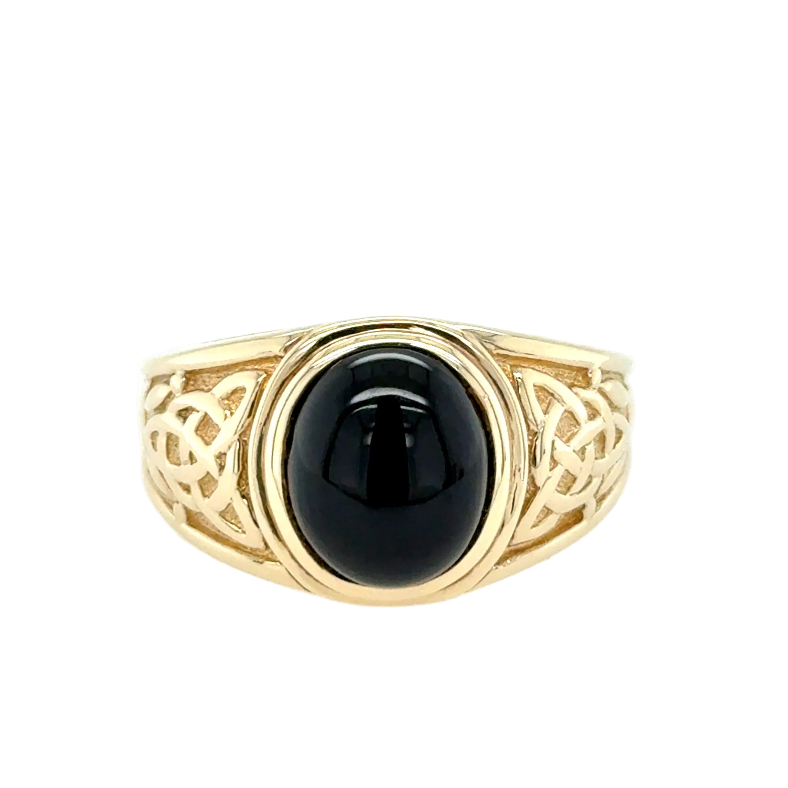 9ct Yellow Gold Oval Cabochon Black Onyx Celtic Ring Size Z - 7.90g