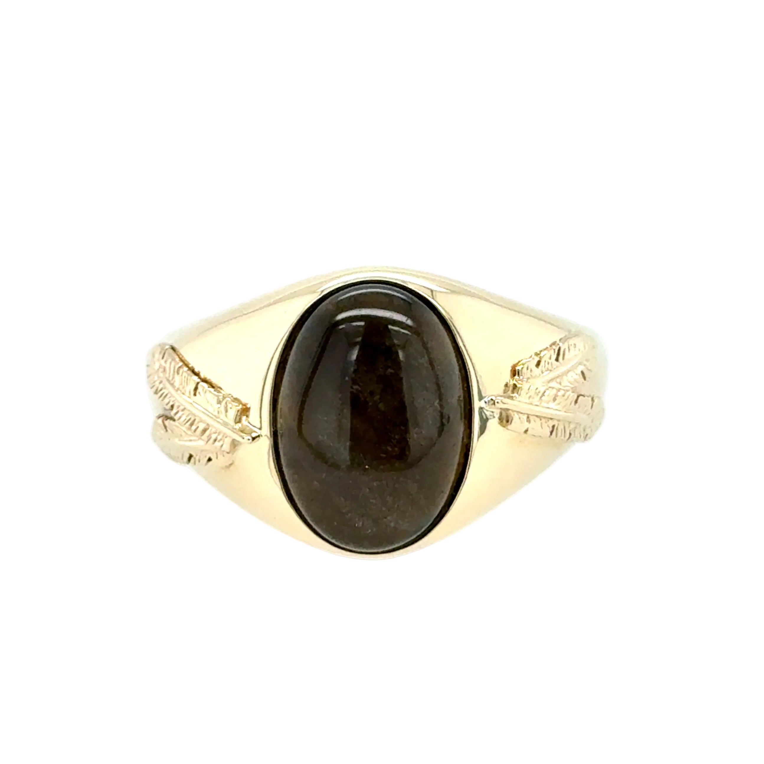 9ct Yellow Gold Oval Obsidian Signet Ring Feathers Detail Size Z
