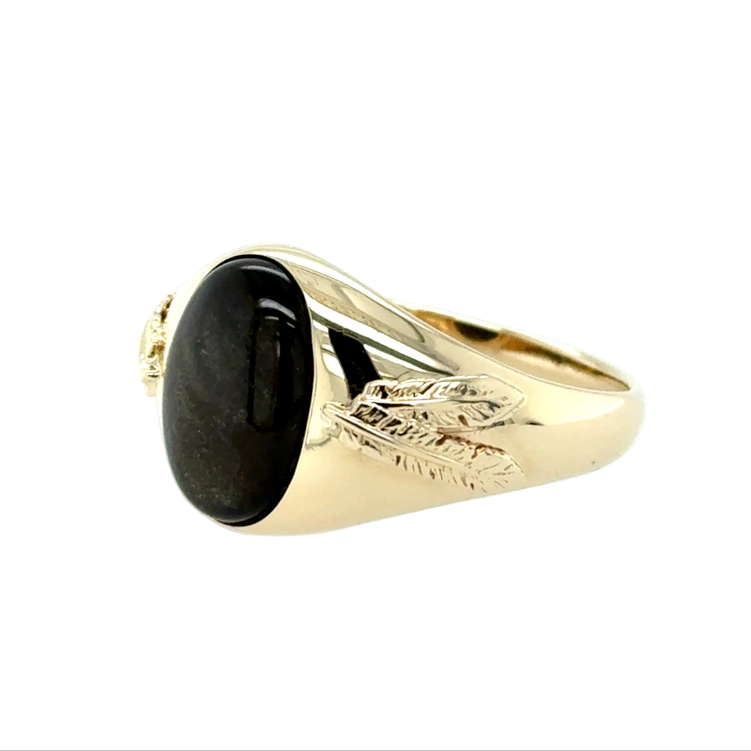 9ct Yellow Gold Oval Obsidian Signet Ring Feathers Detail Size Z