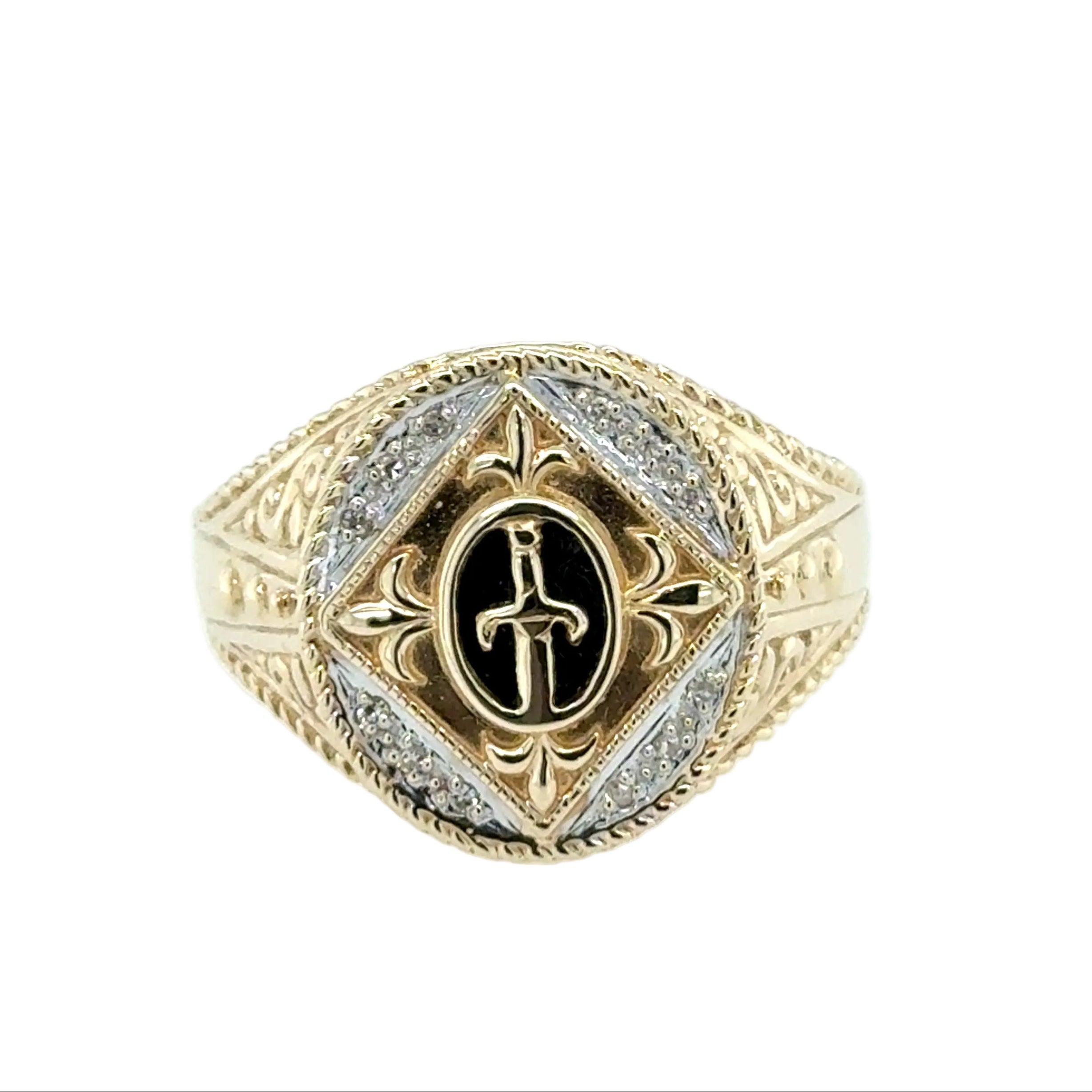 9ct Yellow Gold Oval Ornate Signet Ring Diamond Set Size X 1/2