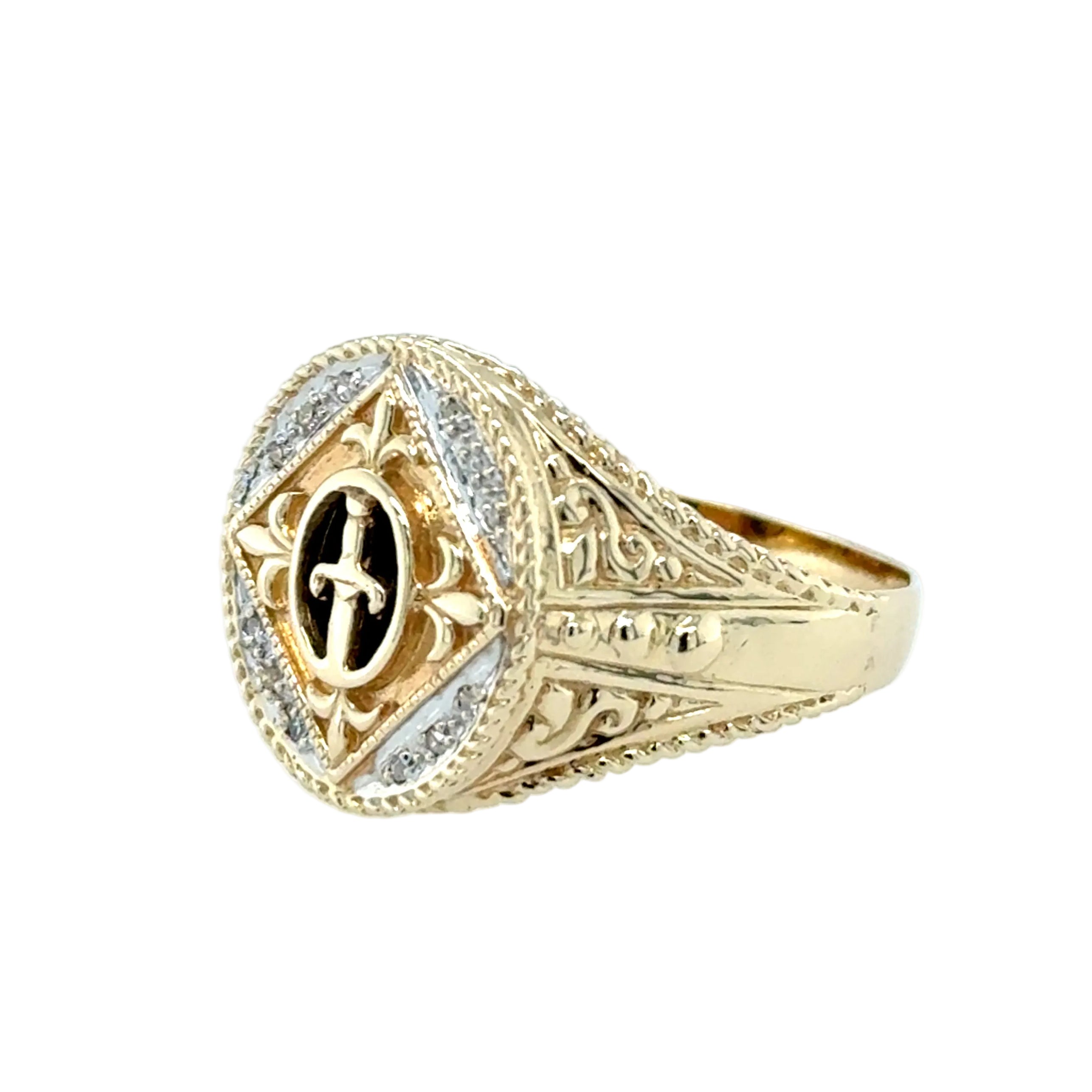 9ct Yellow Gold Oval Ornate Signet Ring Diamond Set Size X 1/2