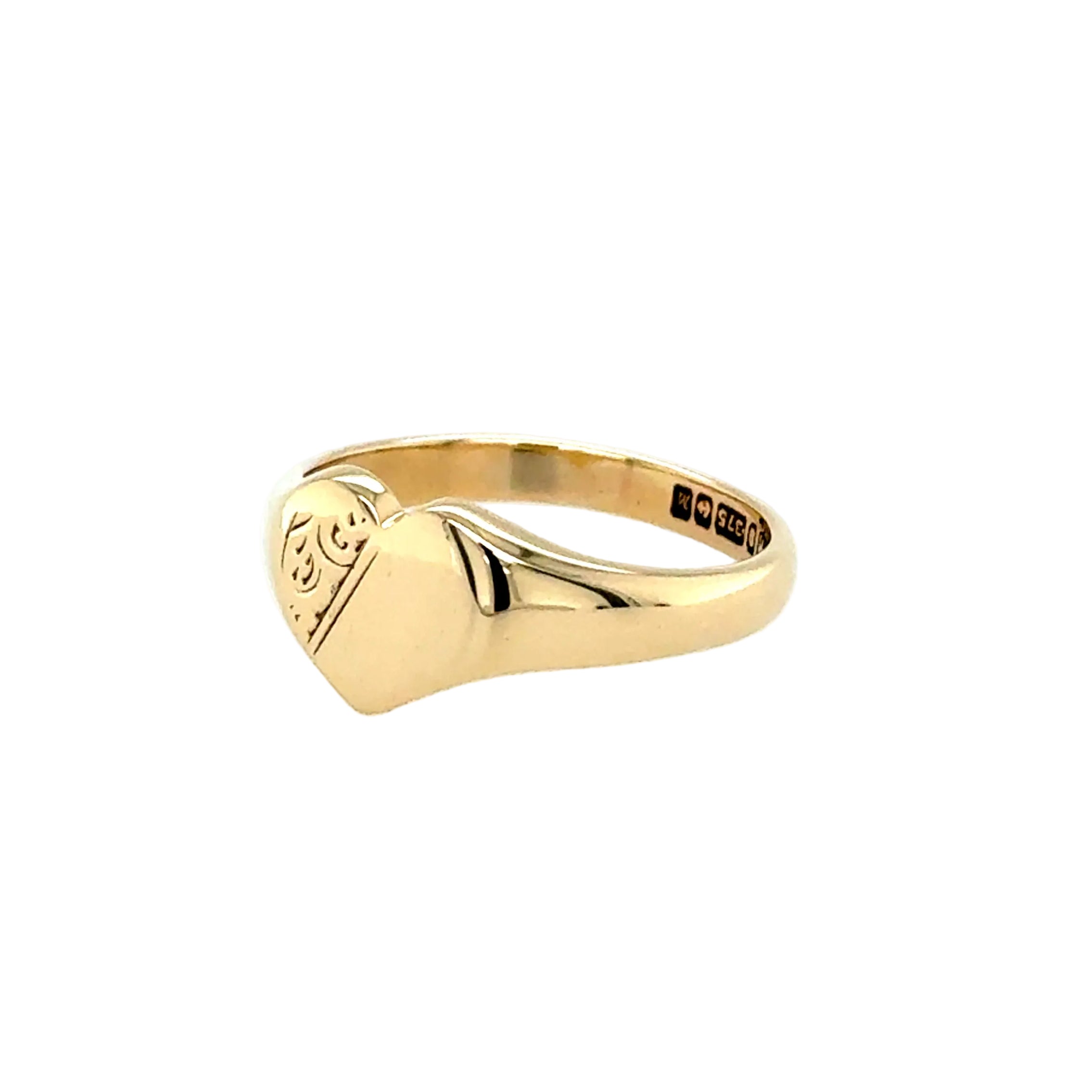 9ct Yellow Gold Heart Shaped Engraved Signet Ring Birmingham 1986