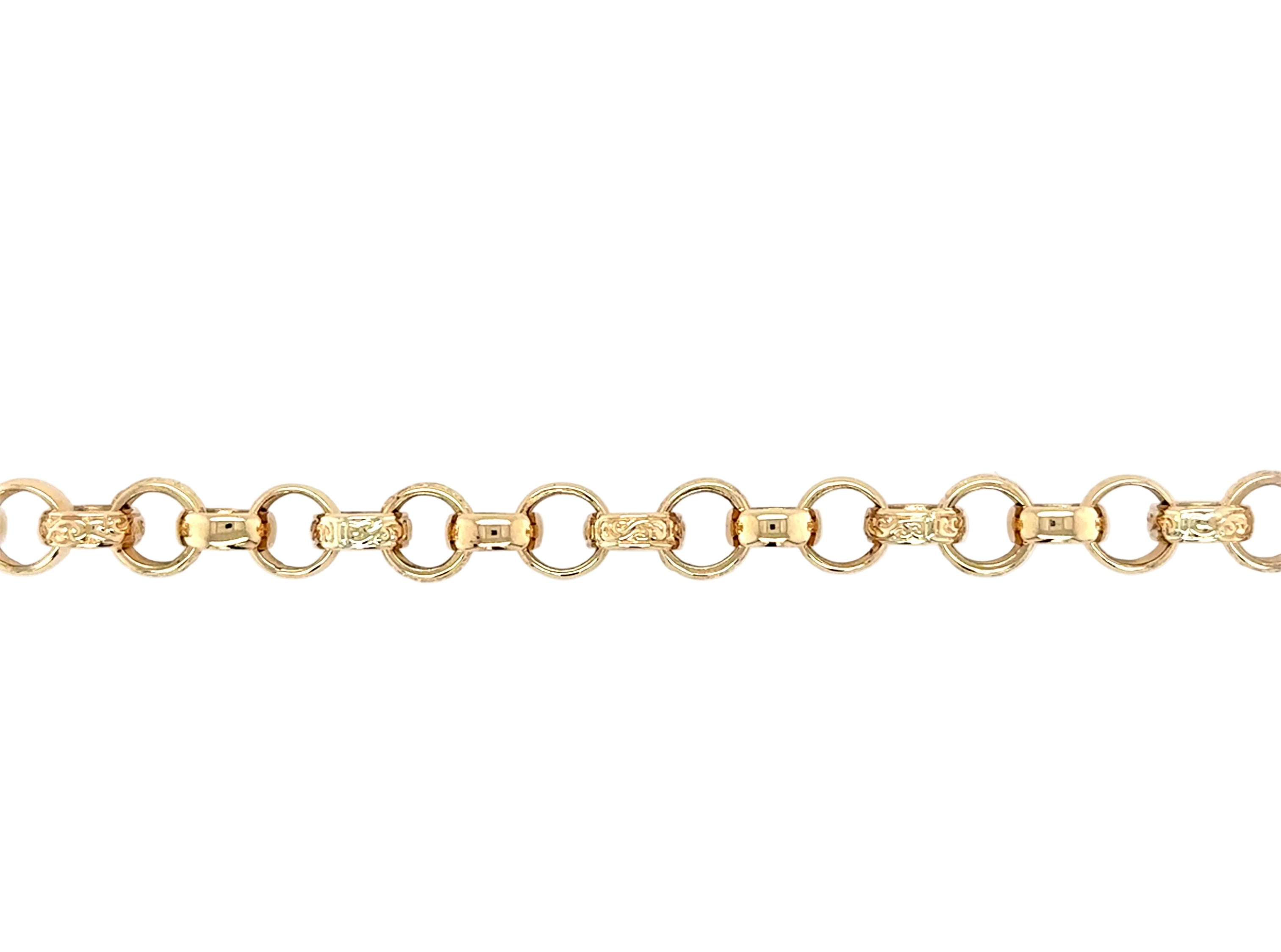 9ct Yellow Gold 7.5"/18.75cm Patterned & Polished Round Link Belcher Bracelet - 15.60g