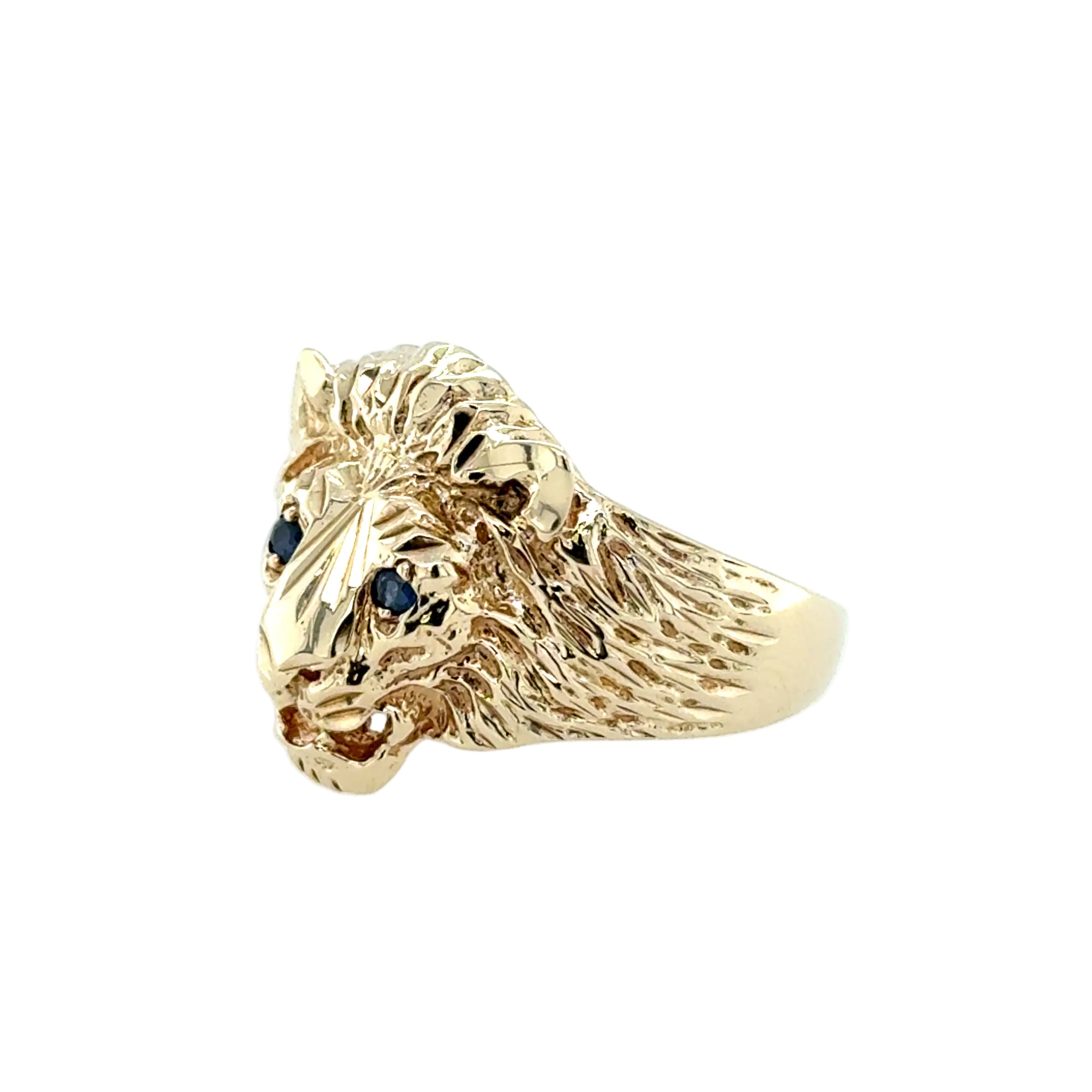 9ct Yellow Gold Lion Head Ring Sapphire Set Size Y 1/2