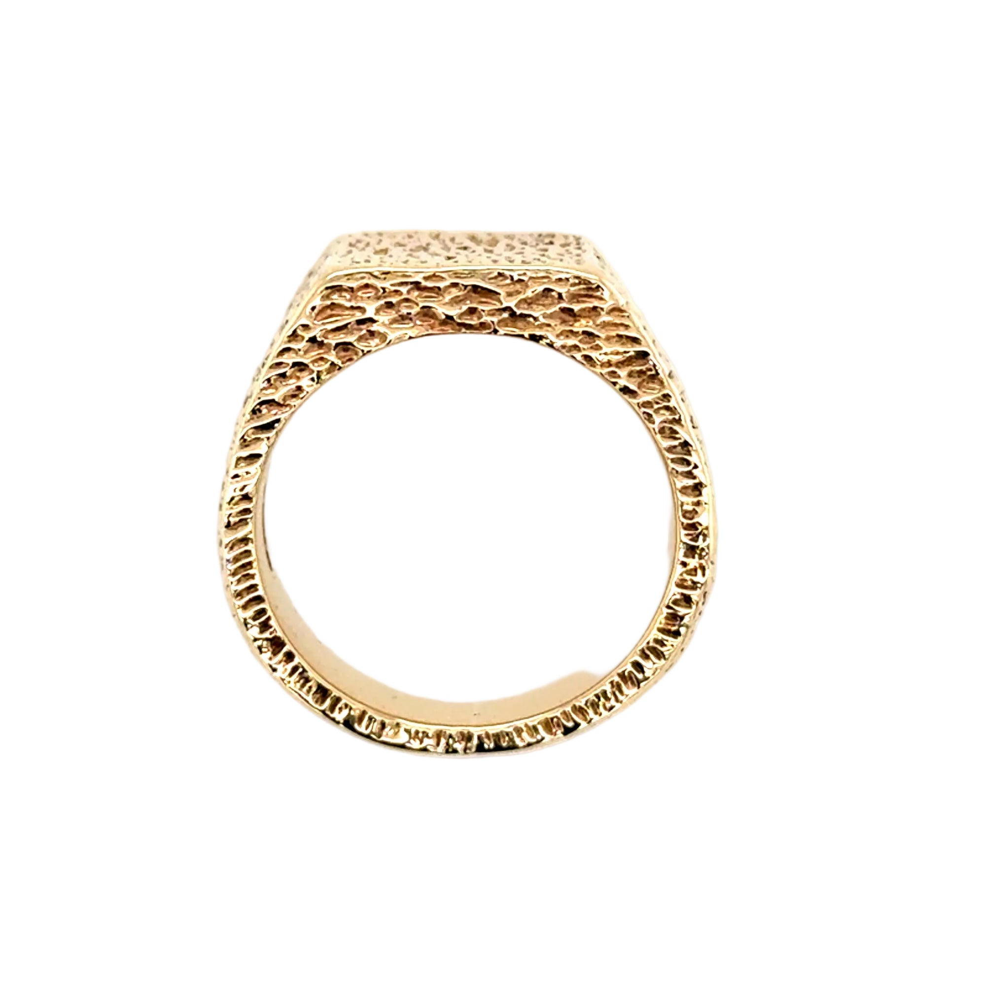 9ct Yellow Gold Vintage Heavyweight Bark Effect Square Signet Ring London 1972