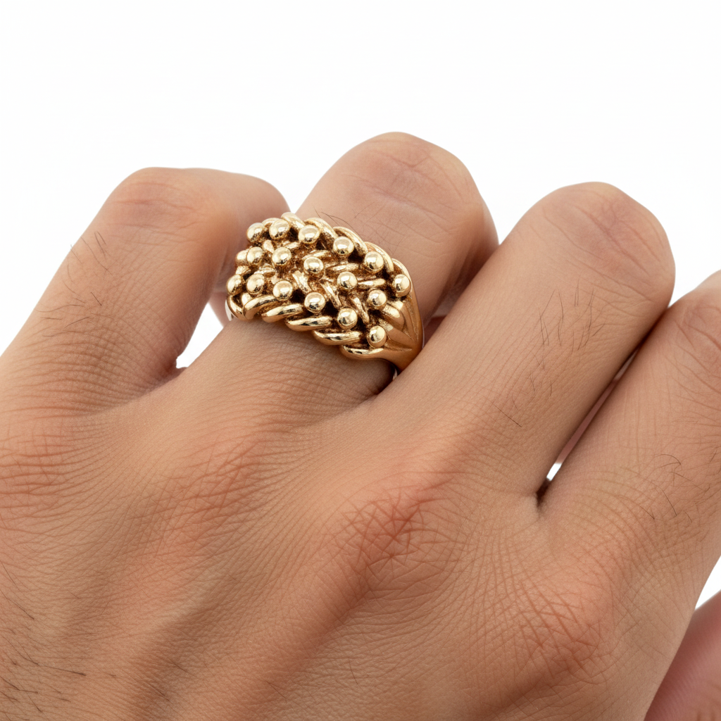 9ct Yellow Gold Small Three Row Keeper Ring Size S -6.91g