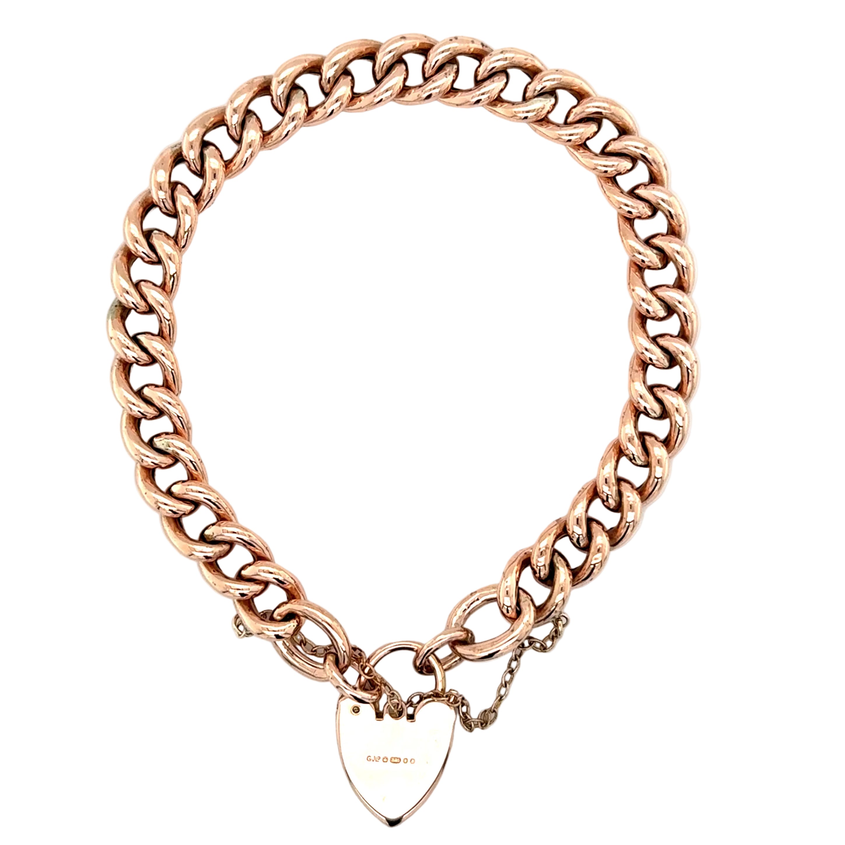 9ct Rose Gold Vintage 8"/20cm Hollow Link Charm Bracelet With Heart Padlock - 14.35g