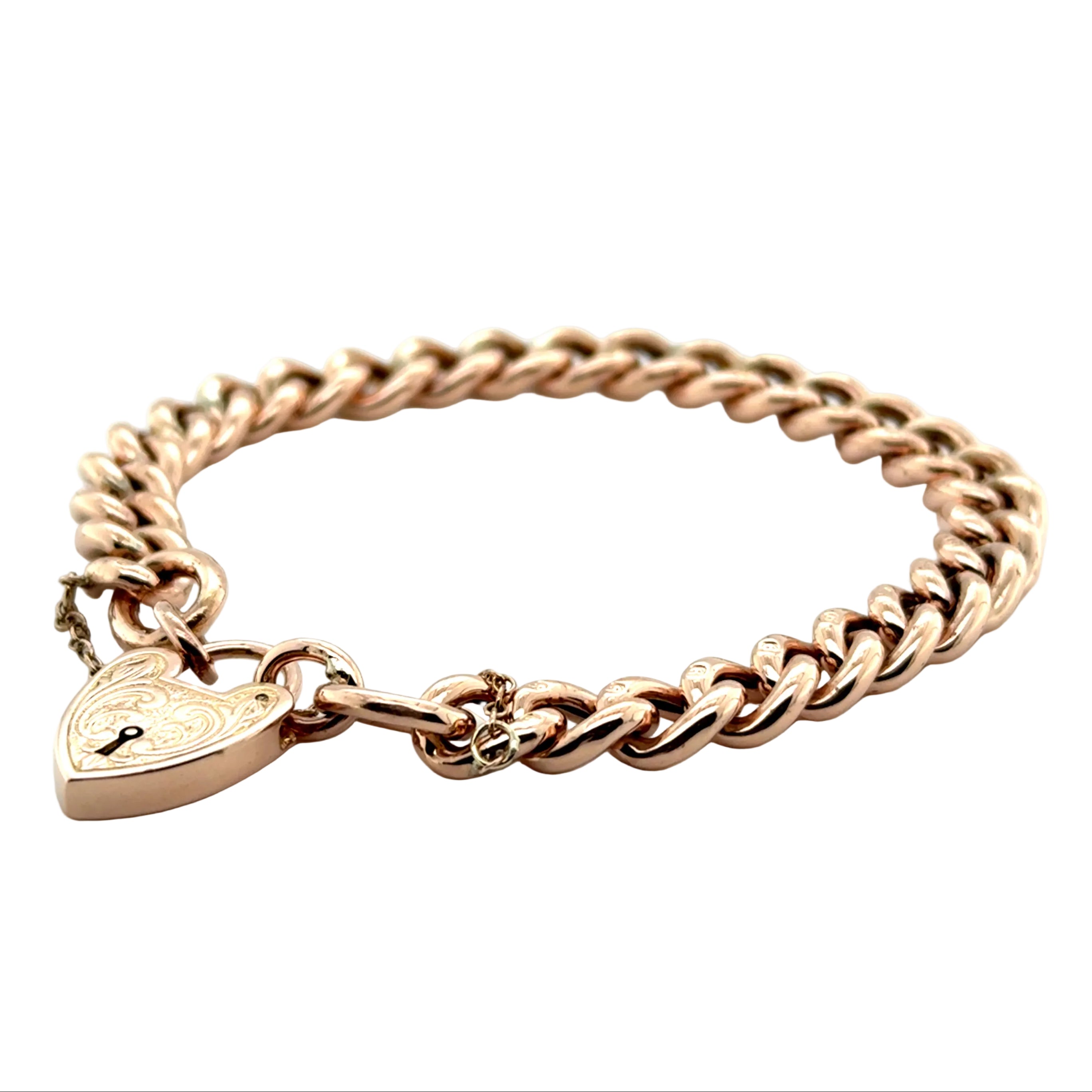 9ct Rose Gold Vintage 8"/20cm Hollow Link Charm Bracelet With Heart Padlock - 14.35g