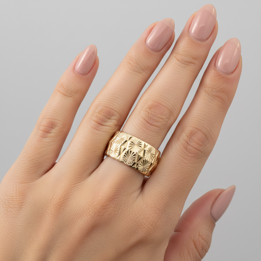 Vintage 9ct Yellow Gold Patterned 10mm Wedding Band London 1972