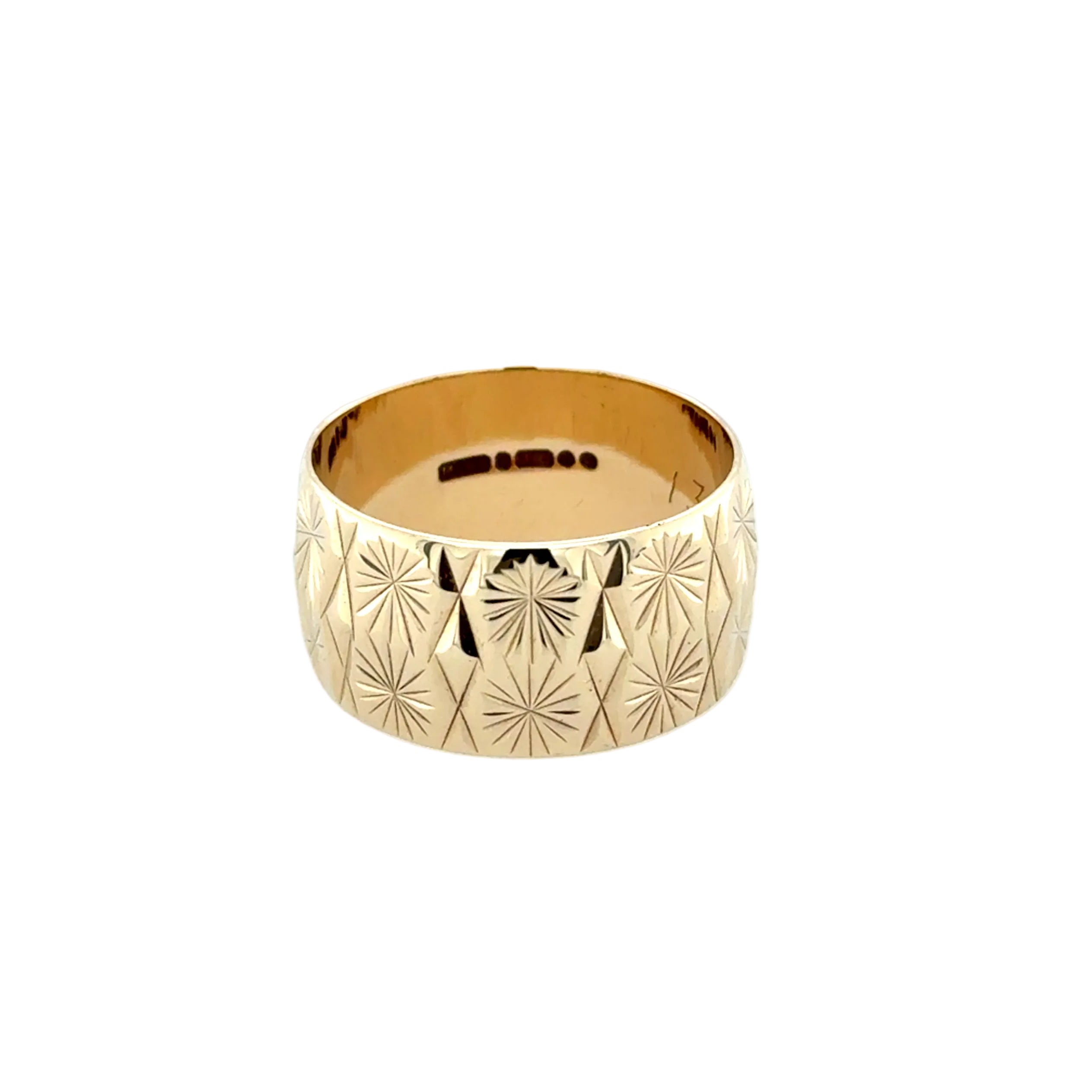 Vintage 9ct Yellow Gold Patterned 10mm Wedding Band London 1972