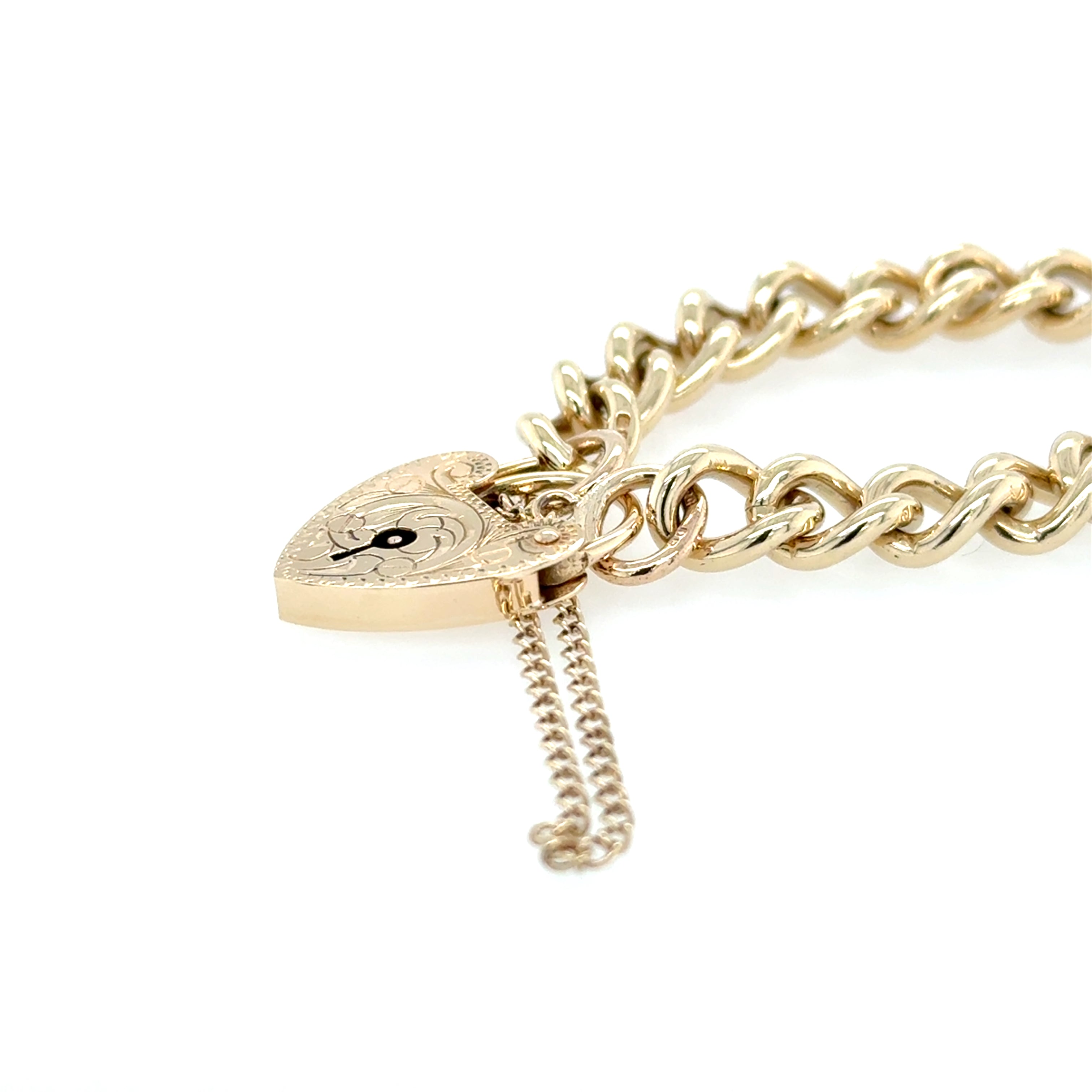 9ct Yellow Gold 7 Inch Heart Padlock Charm Bracelet - 21.42g