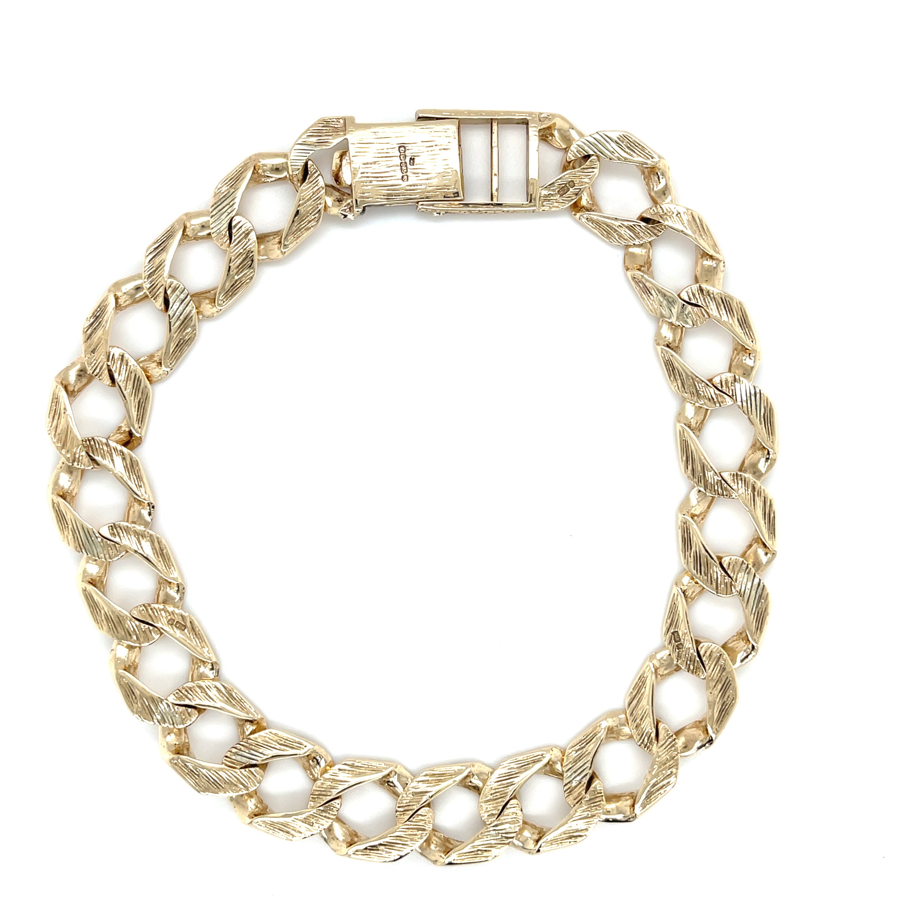 9ct Yellow Gold 10 Inch Plain & Pattern Curb Link Bracelet - 33.68g