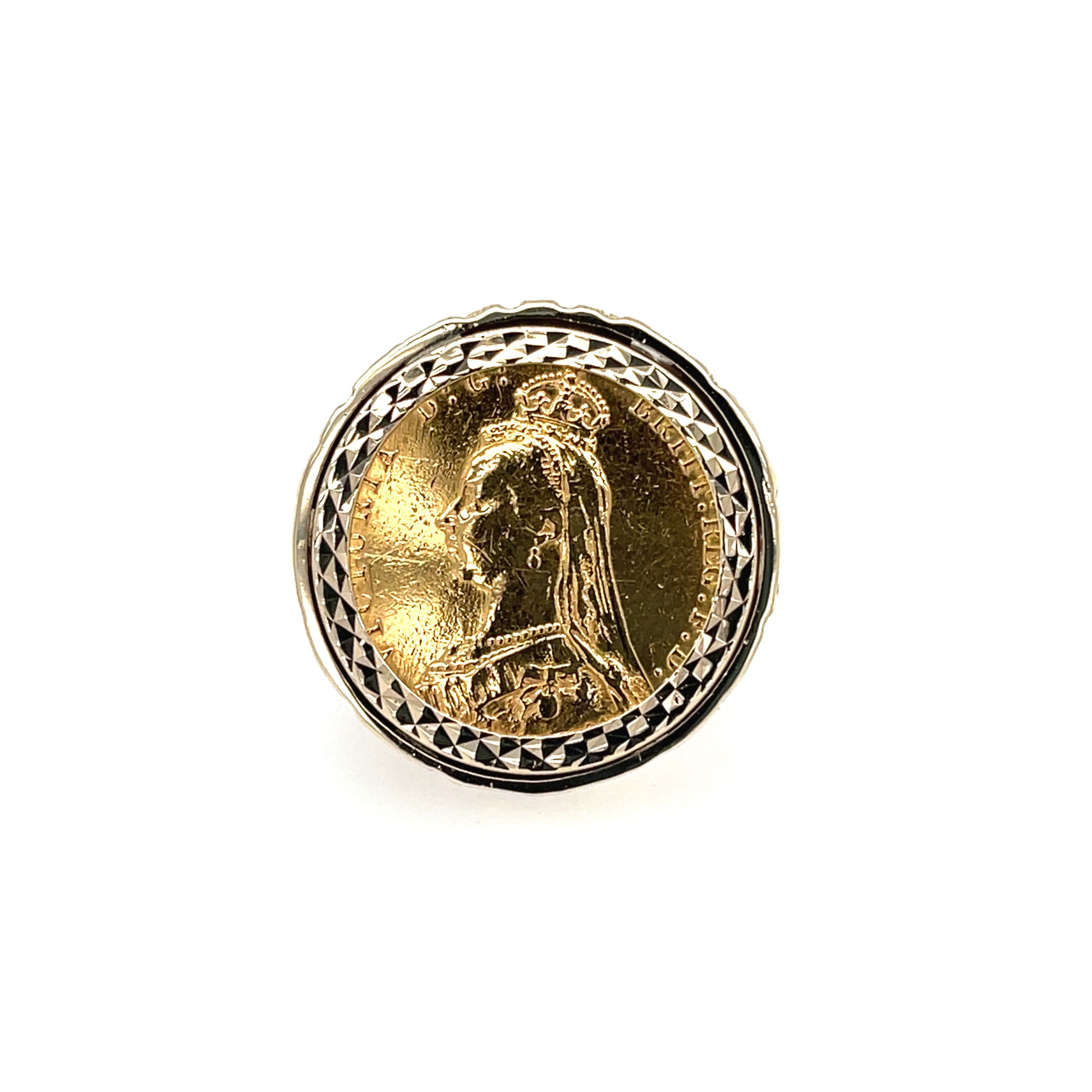 1889 Queen Victoria Full Sovereign Ring Patterned Bark Mount Size V SOLD