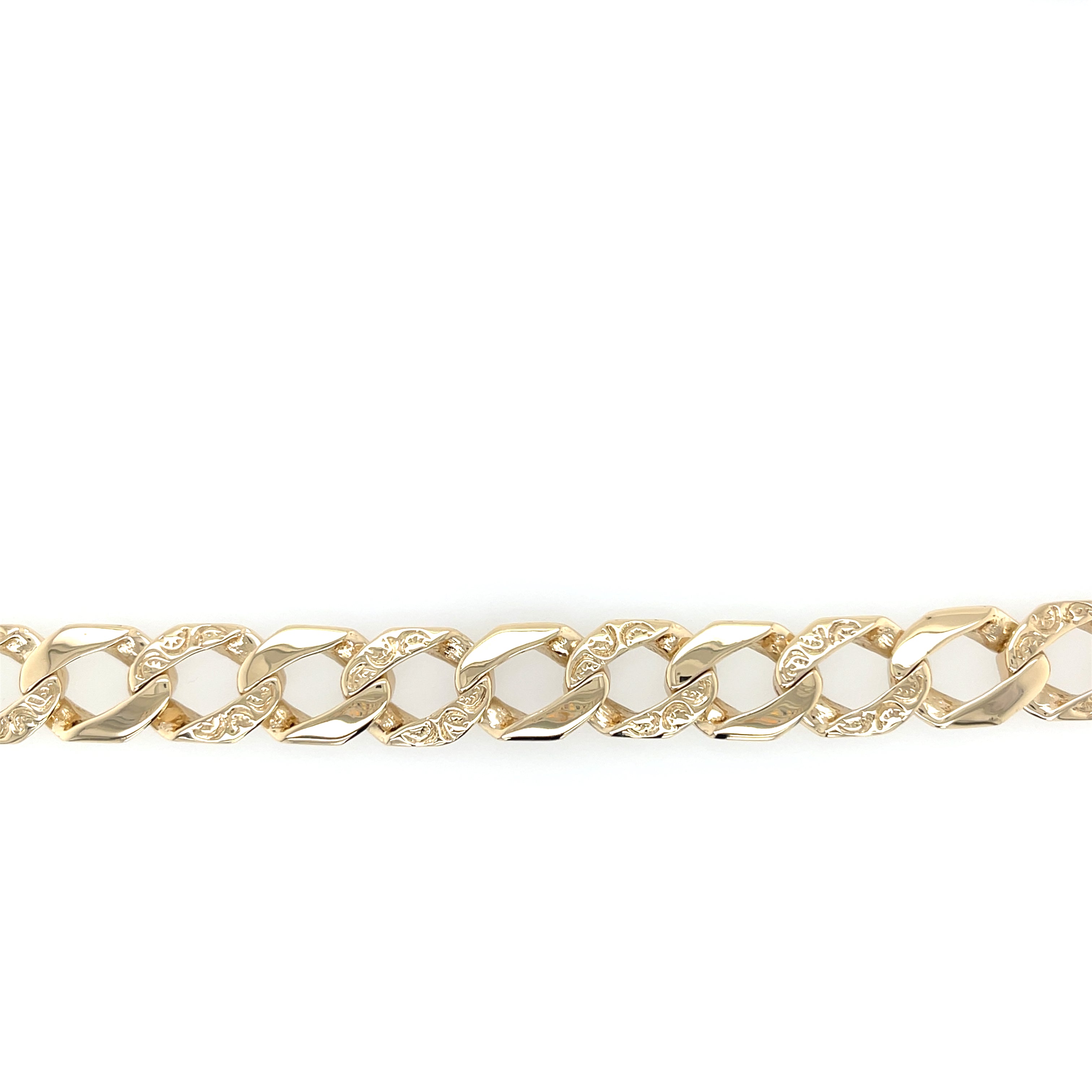 9ct Yellow Gold 10 Inch Plain & Pattern Curb Link Bracelet - 33.68g