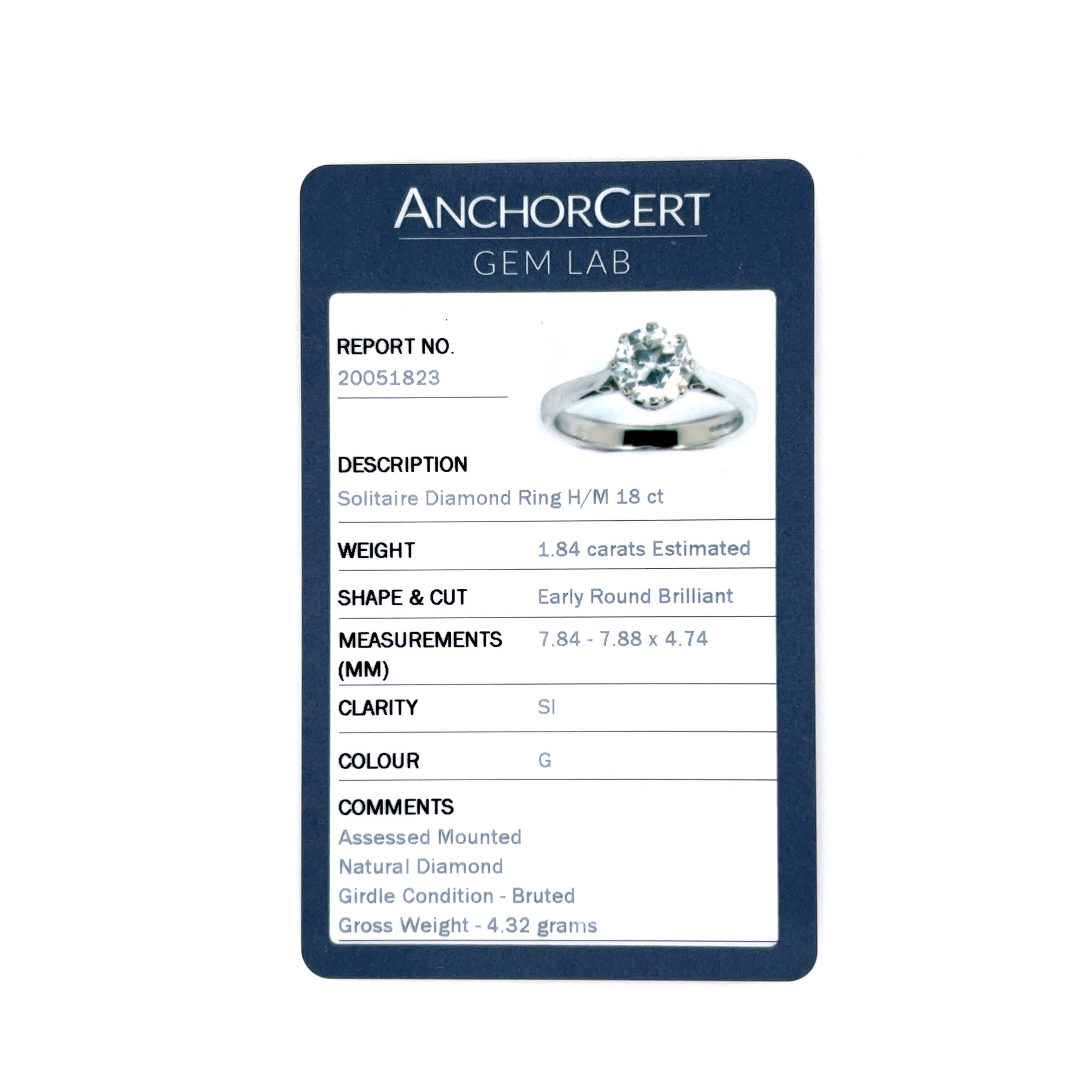 18ct White Gold 1.84ct Early Round Brilliant Cut Diamond Solitaire Engagement Ring Certified G SI