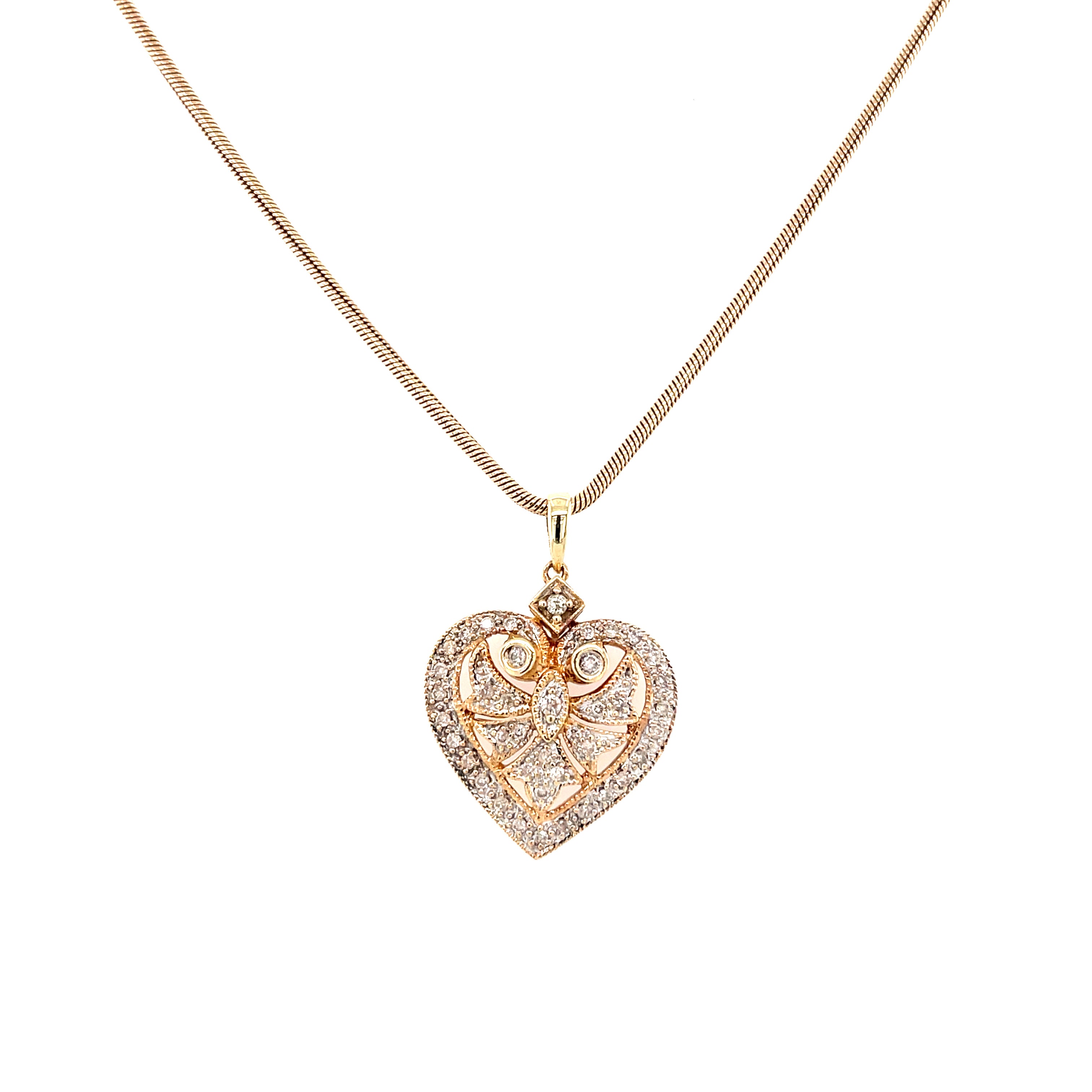 9ct Yellow Gold 0.50ct Diamond Cluster Heart Pendant & 18" Snake Chain SOLD