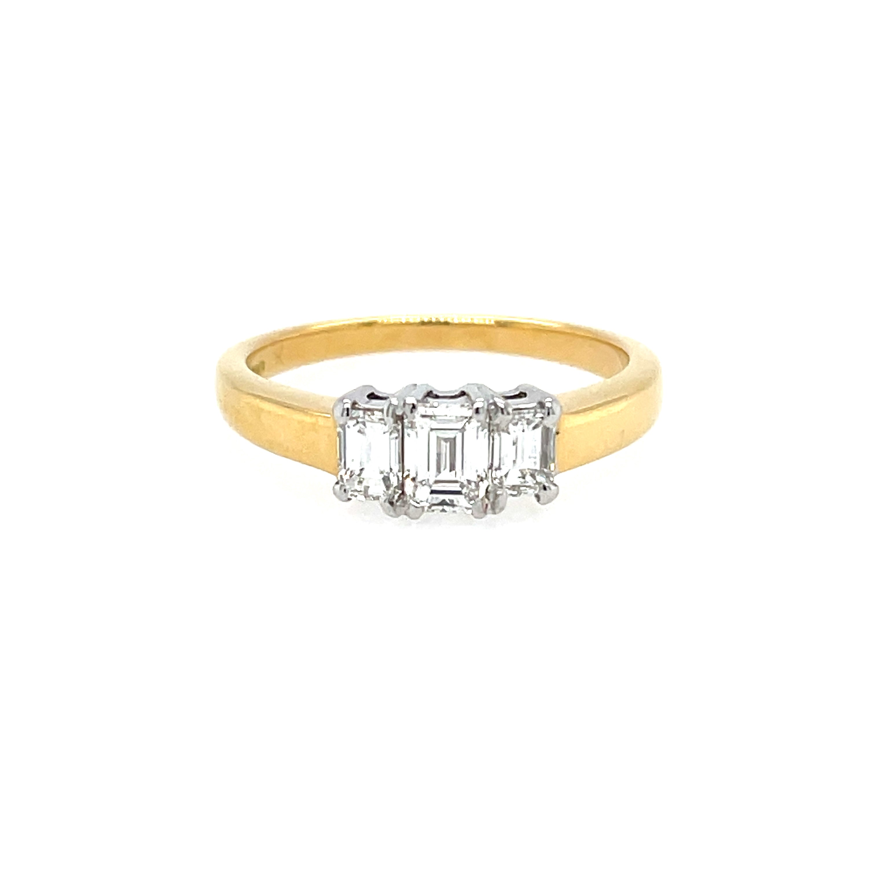 18ct Yellow Gold 0.78ct Emerald Cut Diamond Three Stone Engagement Ring Certified SOLD