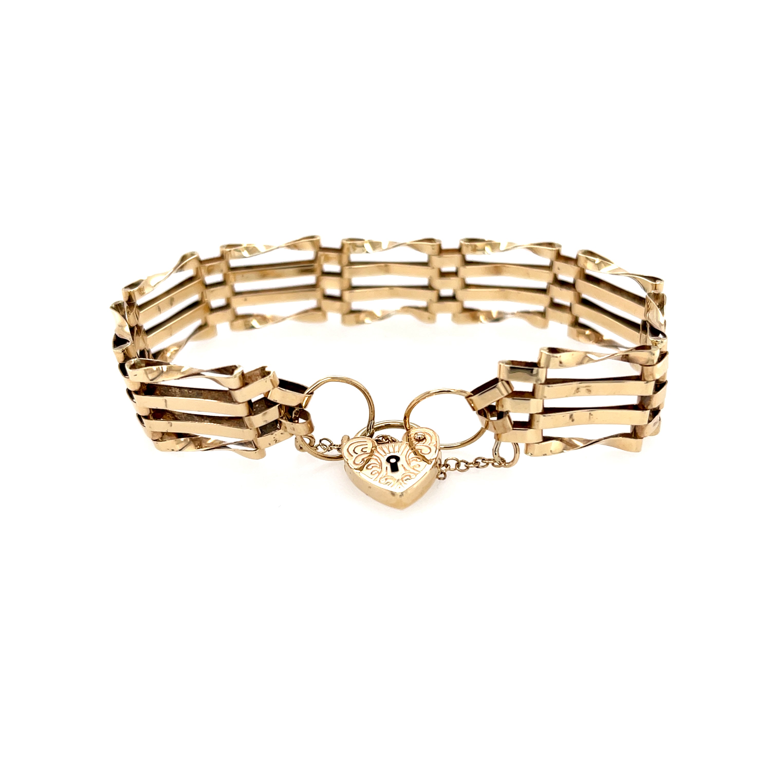 9ct Yellow Gold 7.5" Four Bar Gate Bracelet & Heart Padlock - 8.76g SOLD