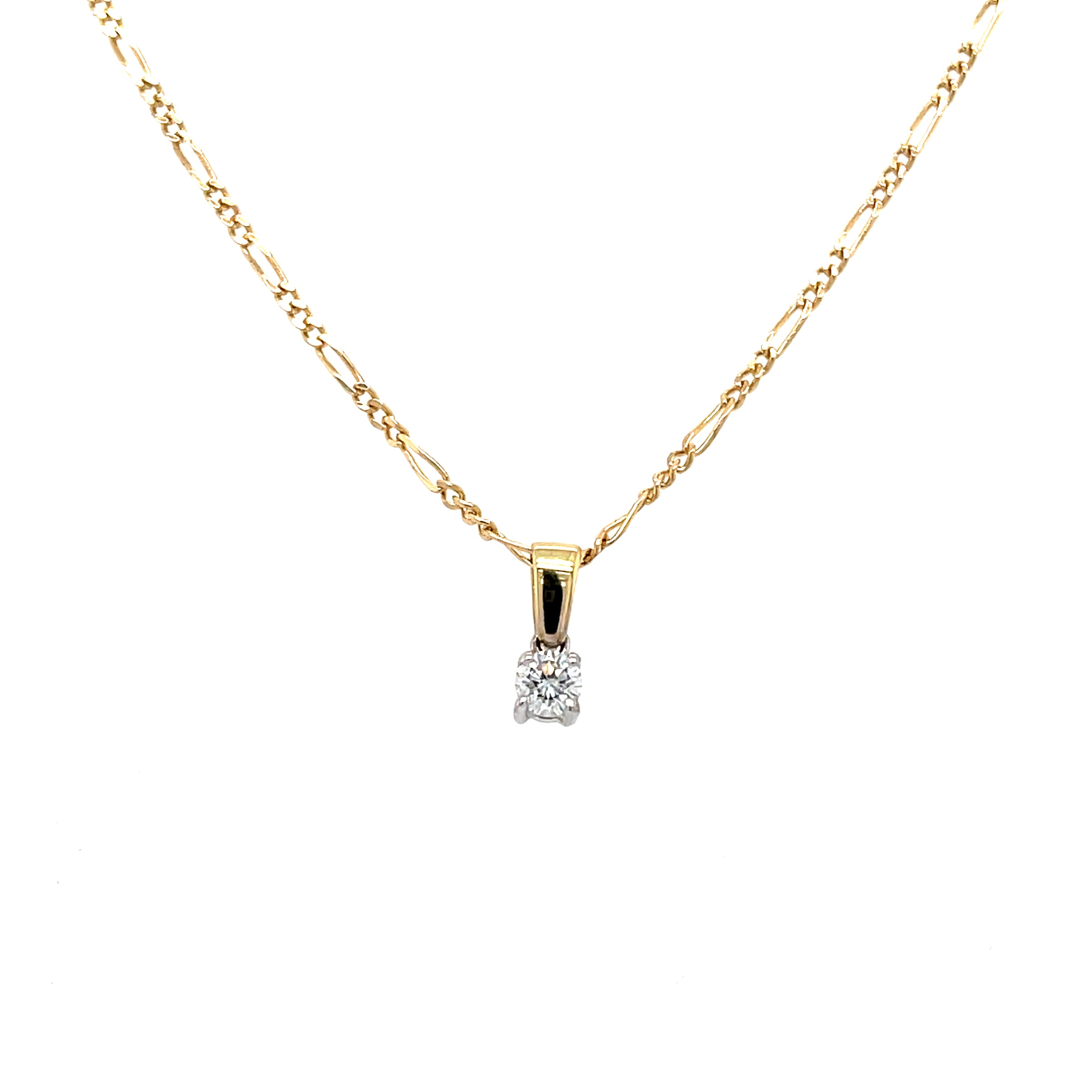18ct Yellow Gold 0.15ct Diamond Solitaire Pendant & 18" Figaro Chain