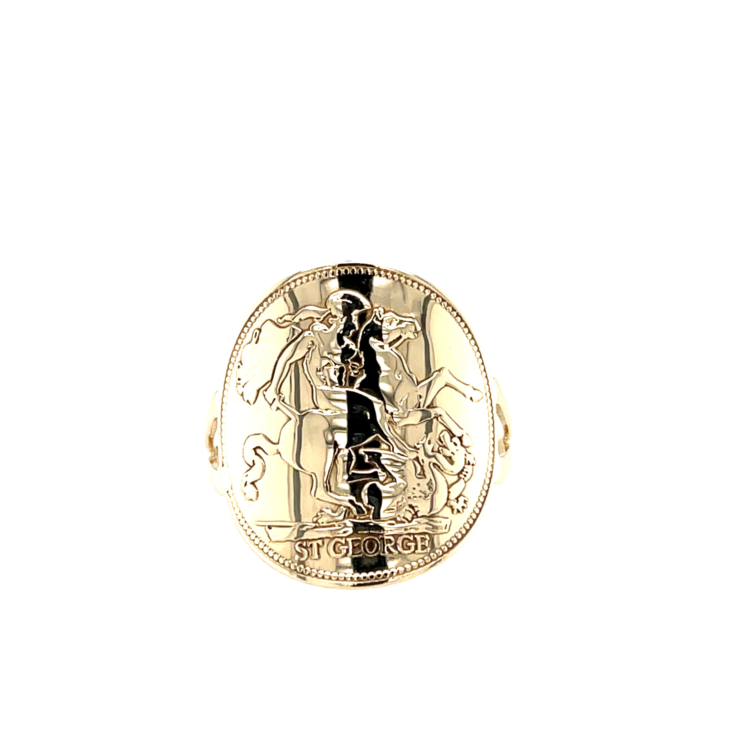 9ct Yellow Gold Bent St George Coin Ring Size T SOLD