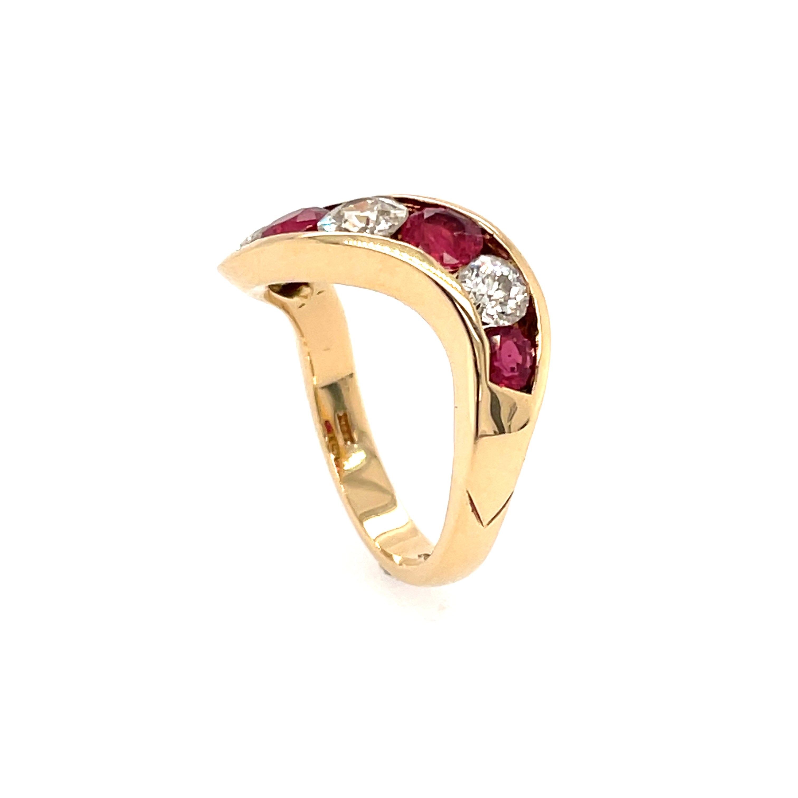 18ct Yellow Gold Vintage Ruby & Diamond Wave Band Ring London 1987