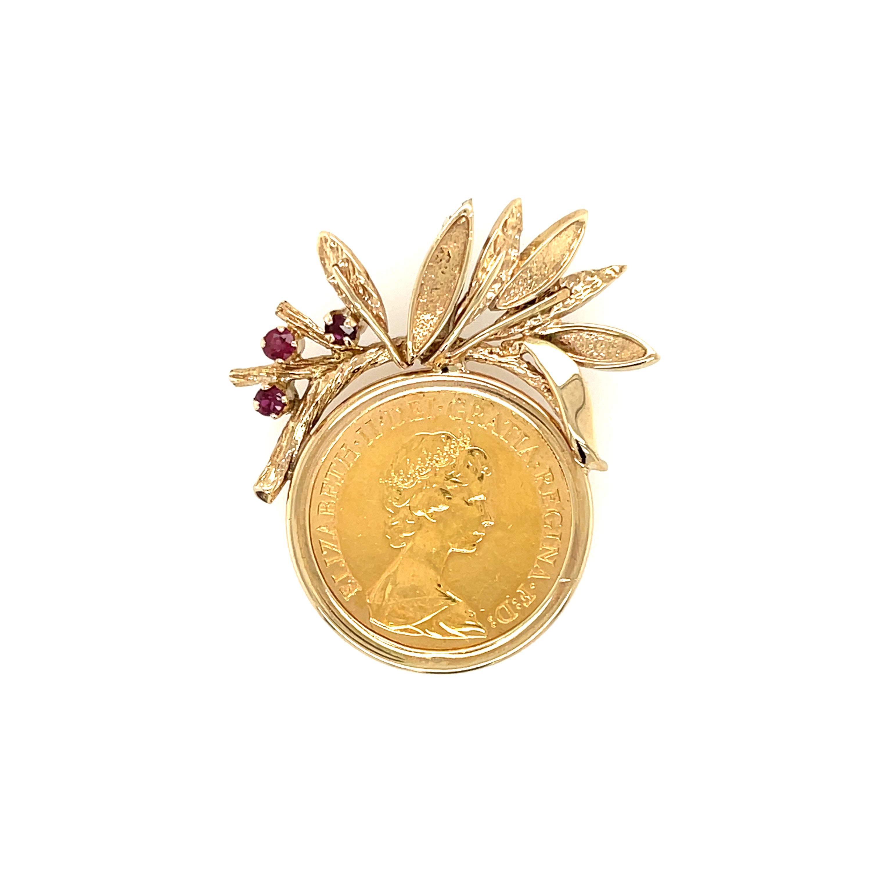 1974 Elizabeth II Full Sovereign Coin & Fancy Ruby Set Pendant Mount SOLD