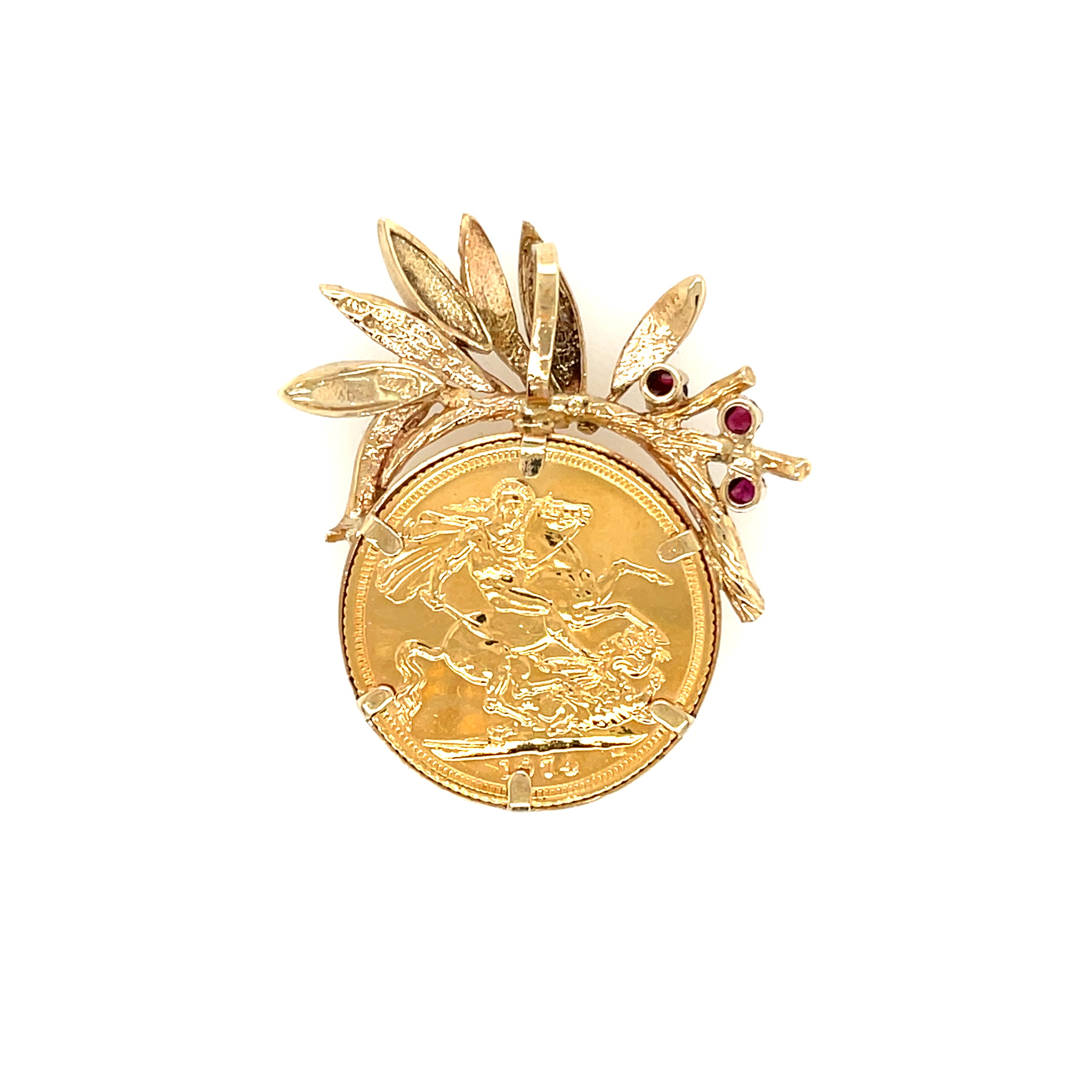 1974 Elizabeth II Full Sovereign Coin & Fancy Ruby Set Pendant Mount SOLD
