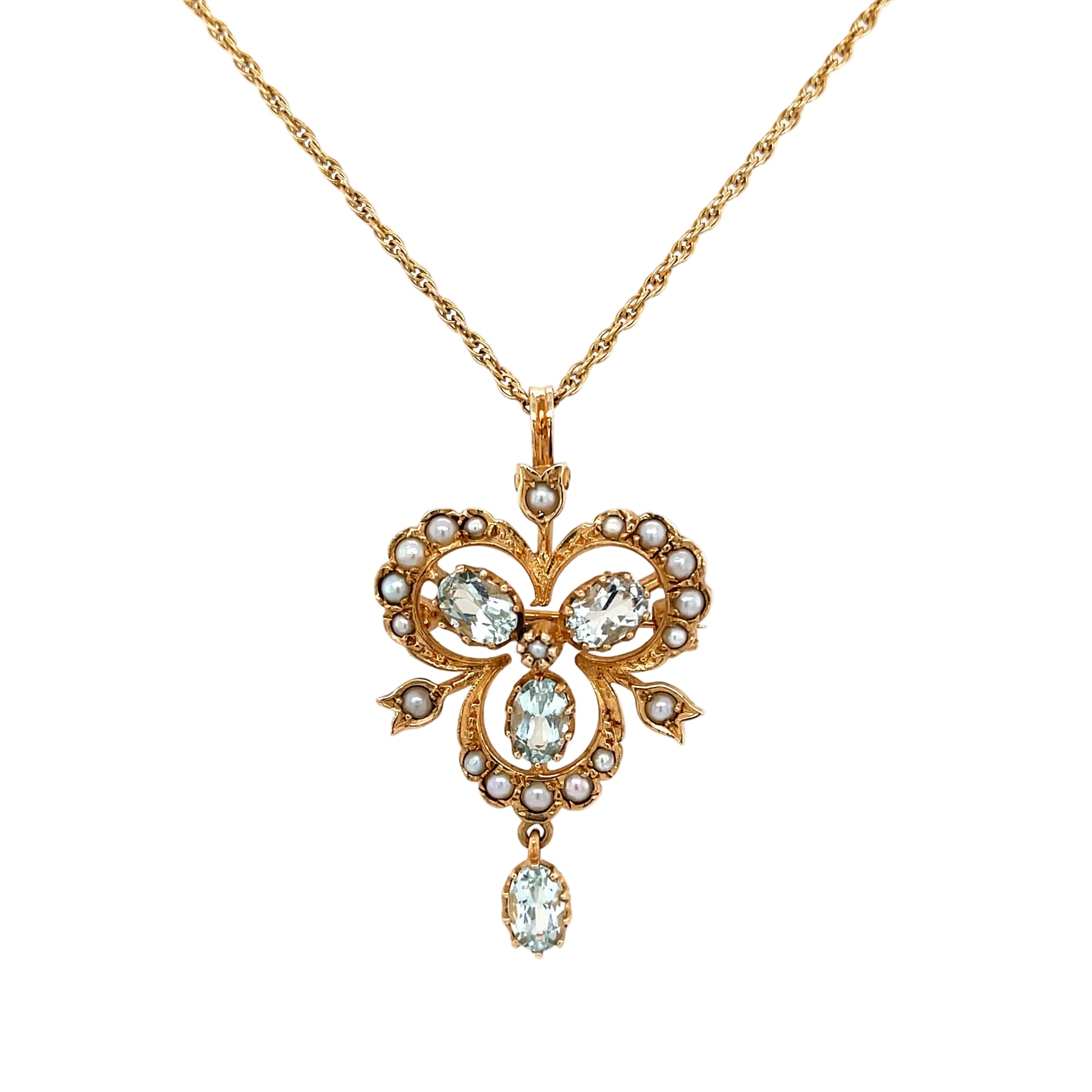 9ct Yellow Gold Blue Topaz & Seed Pearl Pendant/ Brooch & 16" Chain