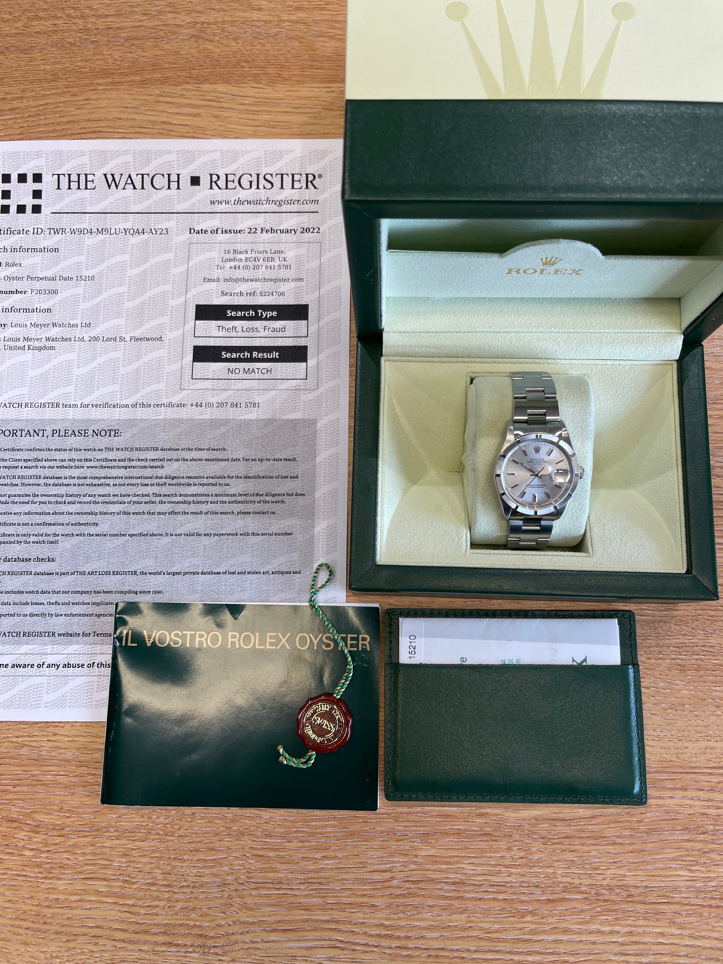 ROLEX Oyster Perpetual Date 15210 Watch Box & Papers 2005 SOLD